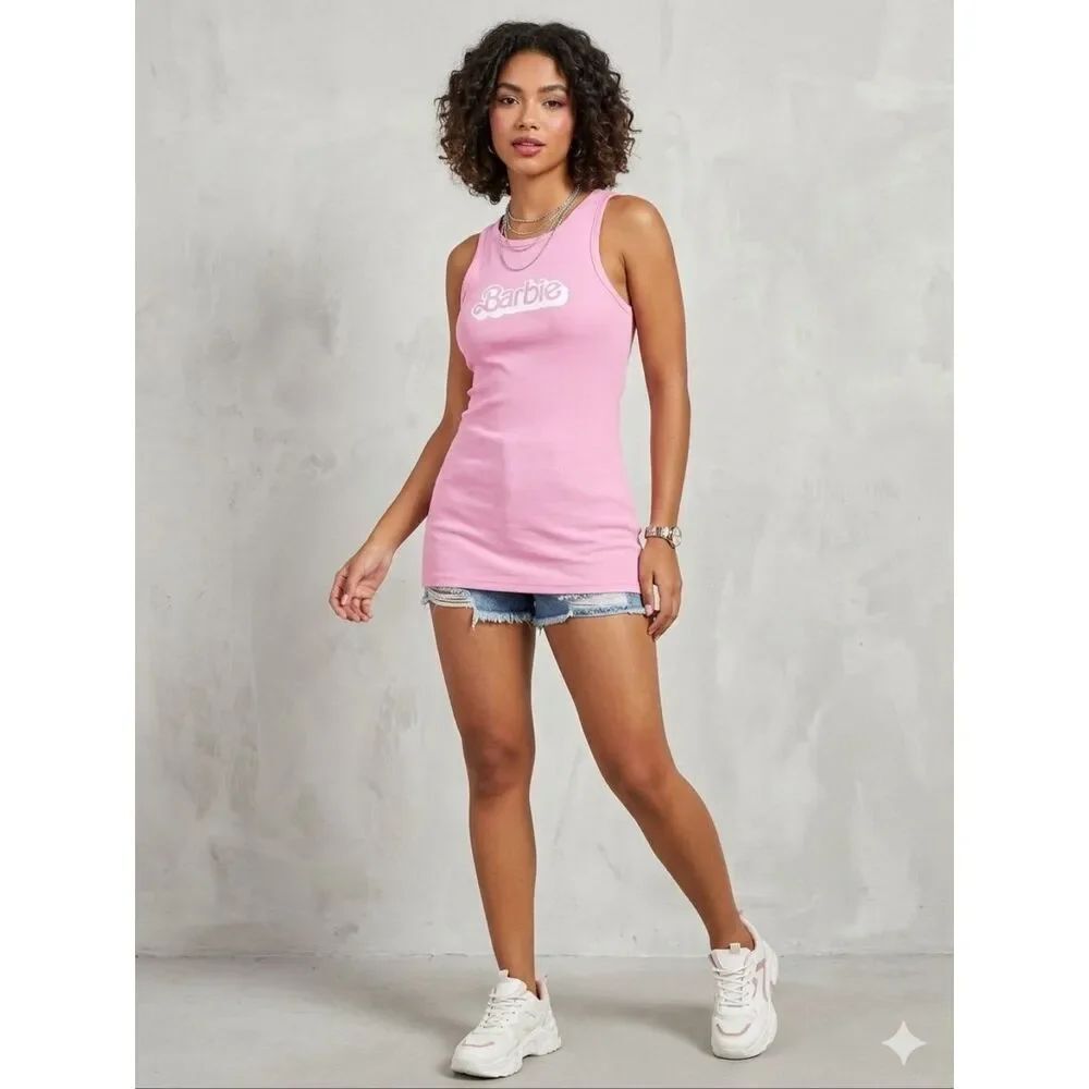 Barbie The Movie Pink Ribbed Tank Top / Longline Shirt - Great Condition